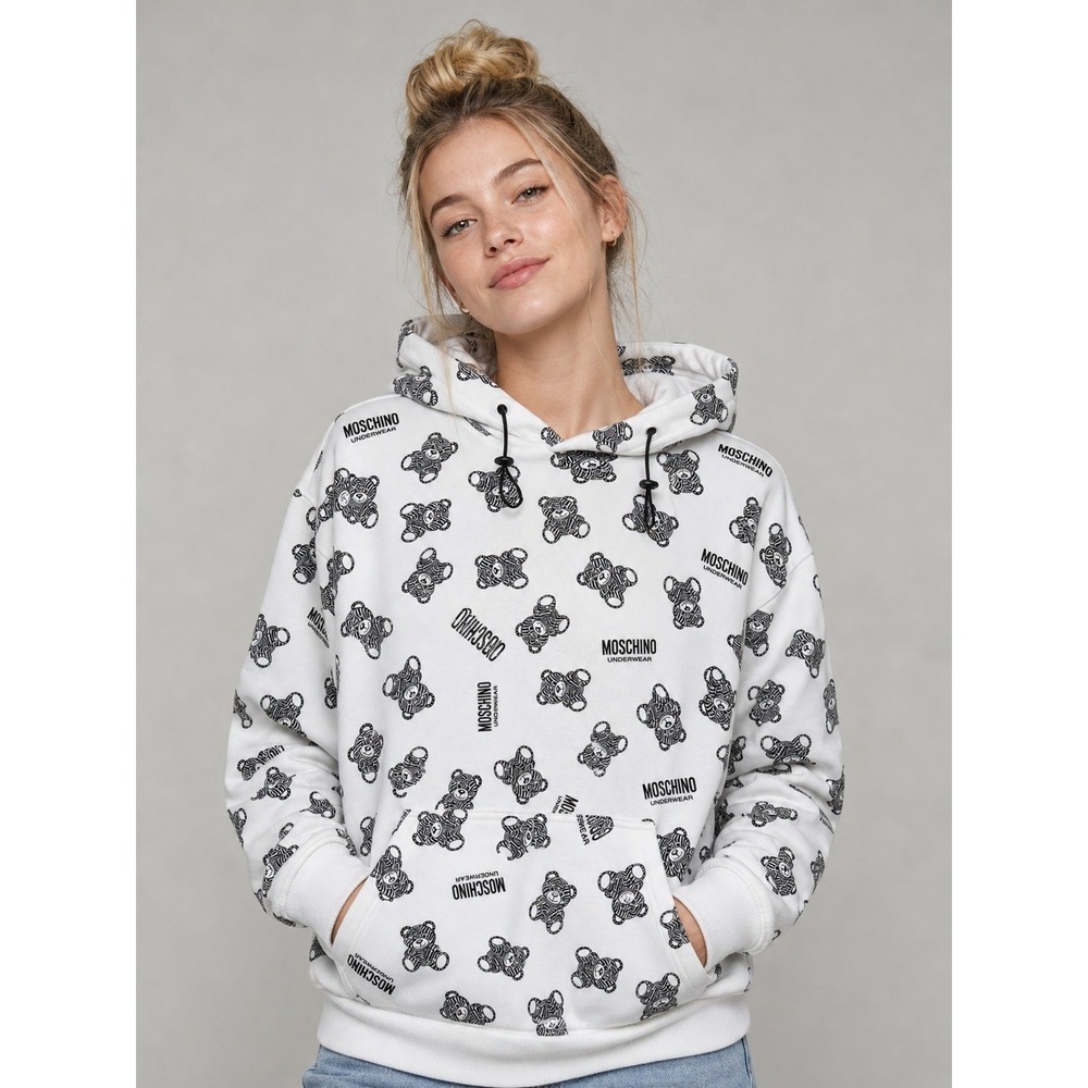 Moschino Teddy Bear All Over Print Hoodie White Black Size S